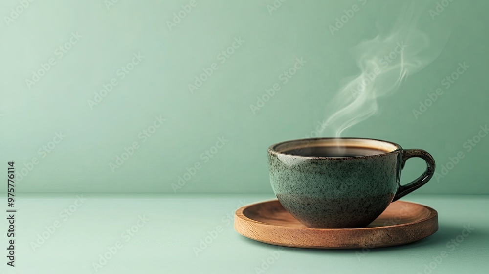 Obraz premium A steaming cup of black coffee on a rustic wood saucer, isolated on a light green background.