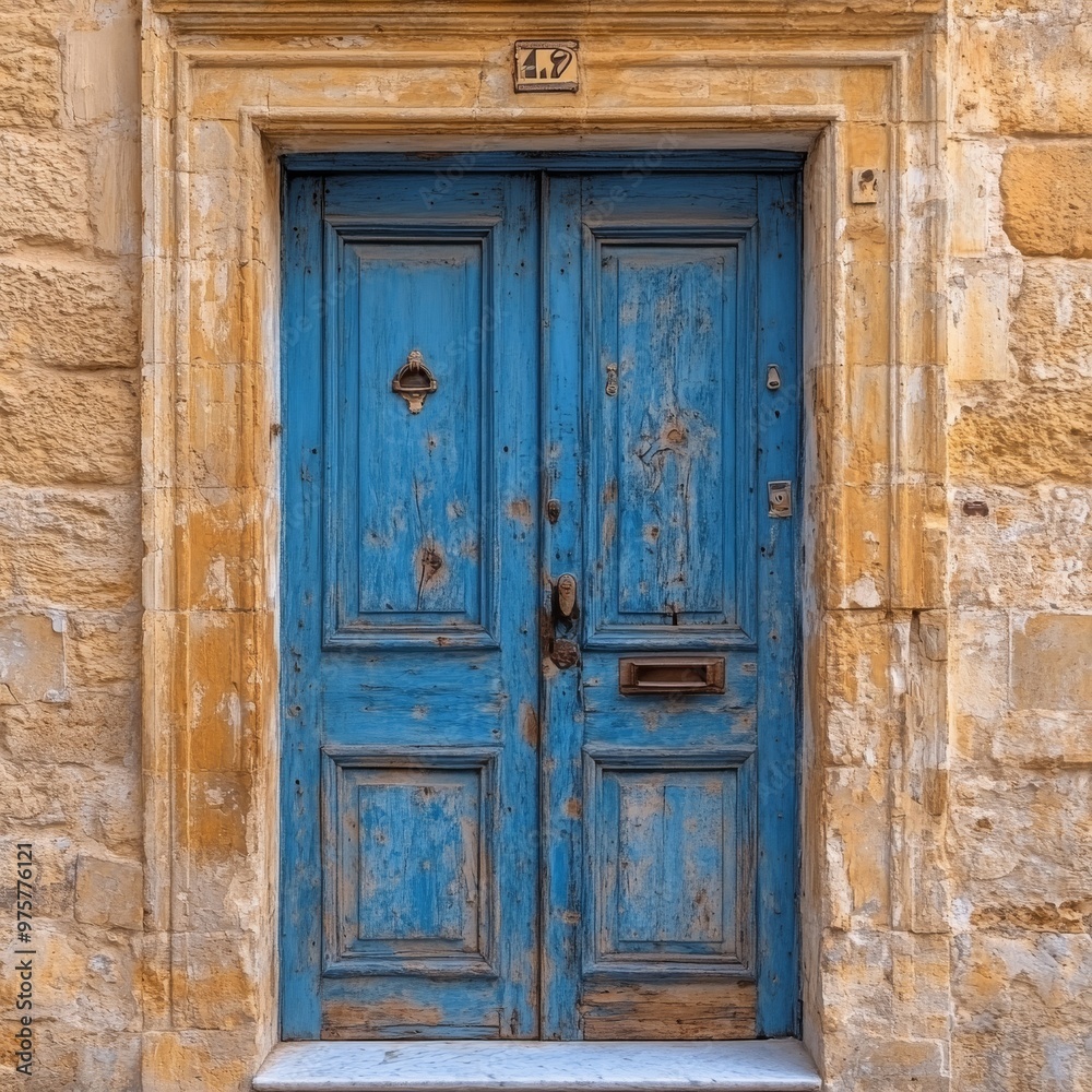 A weathered blue door with a brass knocker and mailbox. A weathered blue door with a brass knocker and mailbox.