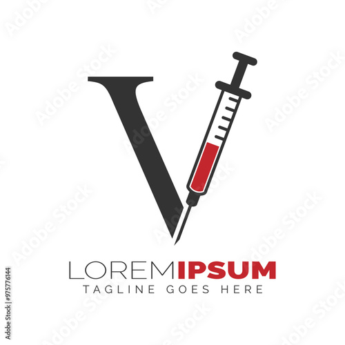 Letter V Injection Logo Design. Alphabet V Syringe icon illustration
