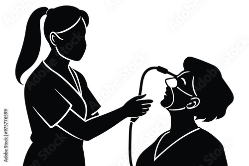 Nurse Placing Oxygen Mask on Patient Silhouette, Medical Care Silhouette, Healthcare Worker Silhouette photo