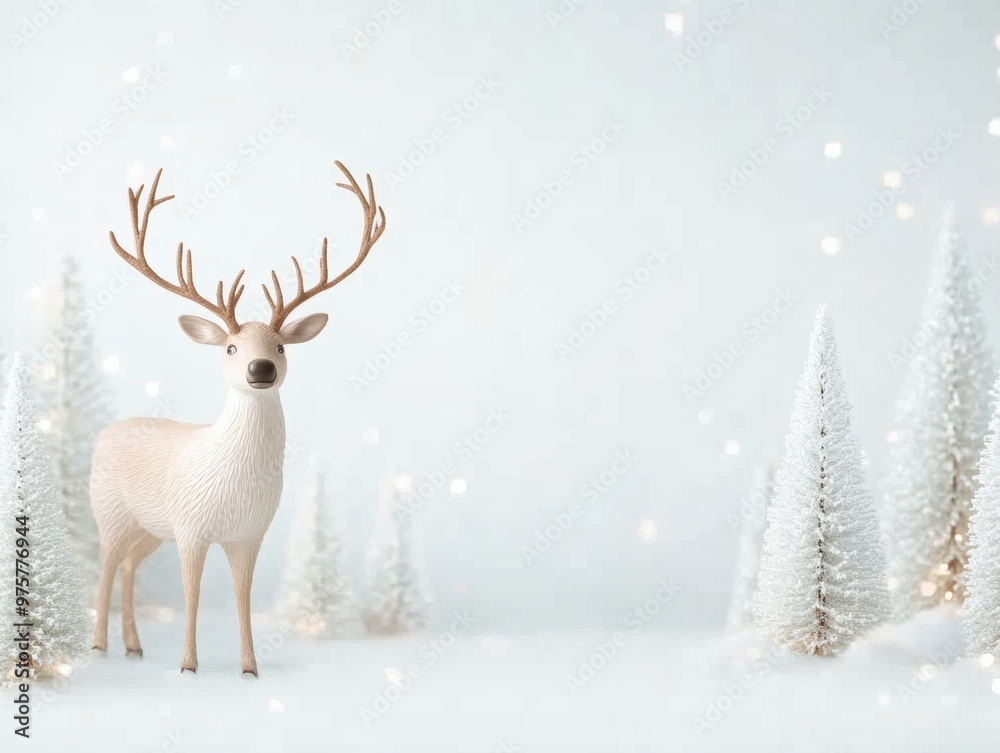 Christmas backdrop showing white reindeer standing in snowy birch forest Christmas backdrop showing white reindeer standing in snowy birch forest