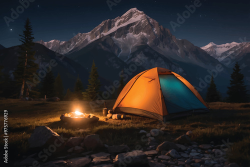 Nighttime camping adventure in illuminated mountain range and tents in a field with the word