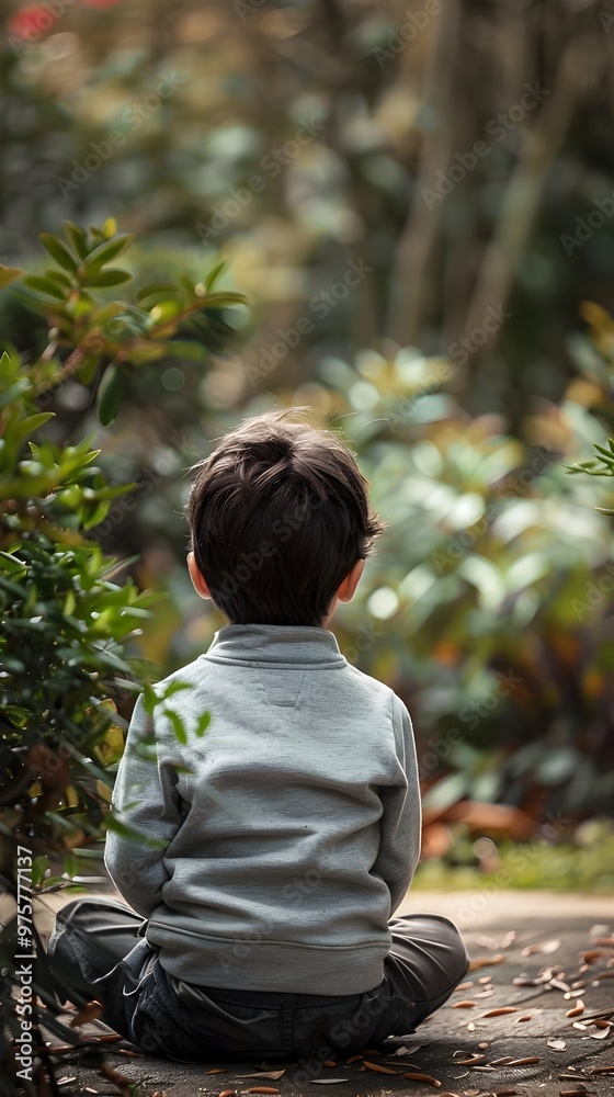 Fototapeta premium Child Practicing Mindfulness in a Peaceful School Garden Observing Nature and Meditating