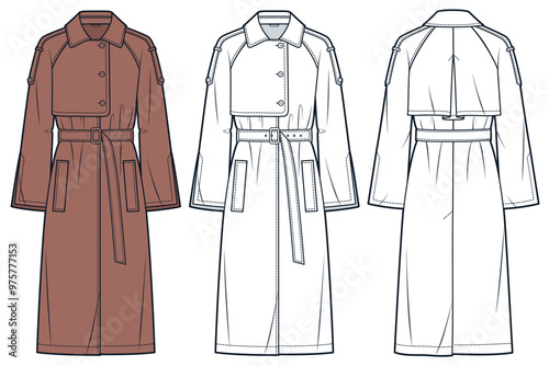 Trench Coat technical fashion Illustration. Raglan Sleeve Coat fashion flat technical drawing template, midi length, bell sleeve, front, back view, white, brownish red, women, men, unisex CAD mockup.