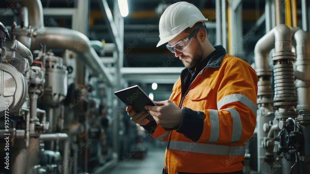 Technician inspects valve pipes while operations engineer monitors with tablet in industry Technician inspects valve pipes while operations engineer monitors with tablet in industry