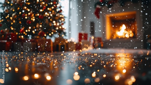 christmas backdrop, Christmas tree decorated with golden baubles and fairy lights standing in front of a fireplace