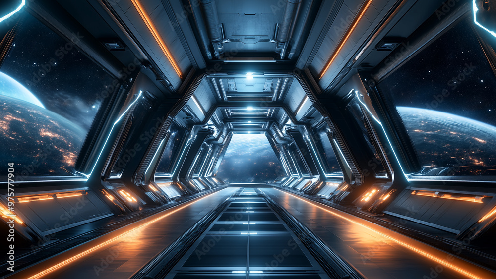 Obraz premium Starlit Passage: Futuristic Space Station with Illuminated Corridors