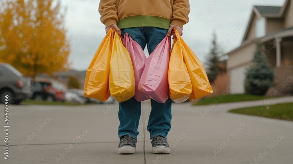 A person holding three bags of groceries on a sidewalk, AI A person holding three bags of groceries on a sidewalk, AI