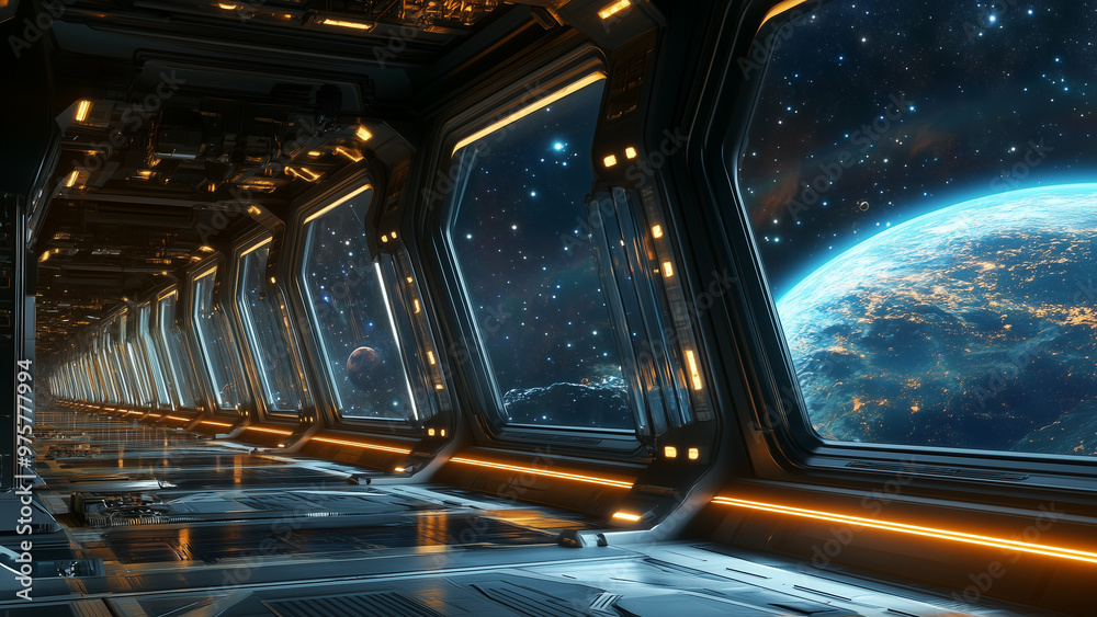 Starlit Passage: Futuristic Space Station with Illuminated Corridors Starlit Passage: Futuristic Space Station with Illuminated Corridors