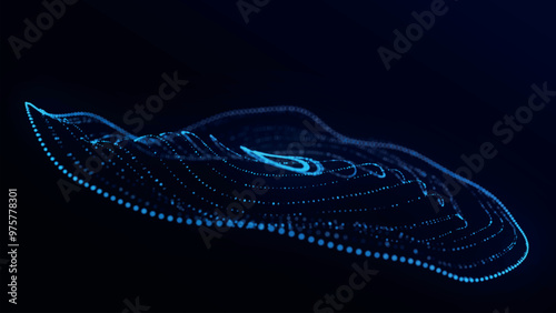 Abstract background with dynamic wave. Circular wave of dots. Musical sound wave. Dark background. Big data visualization. Plexus. Vector illustration.