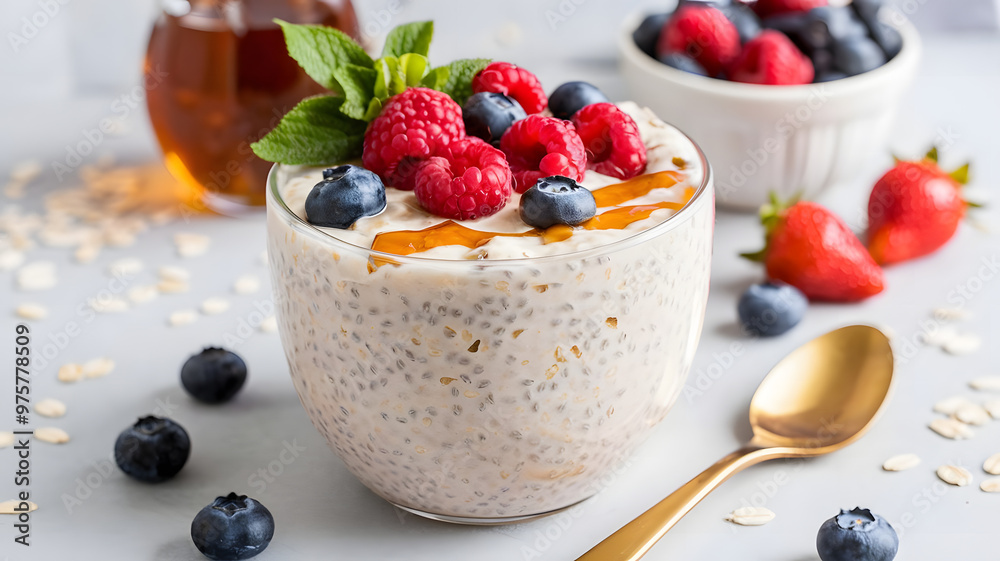 A bowl of overnight oats with almond milk, chia seeds, and fresh berries, topped with a drizzle of maple syrup. A bowl of overnight oats with almond milk, chia seeds, and fresh berries, topped with a drizzle of maple syrup.