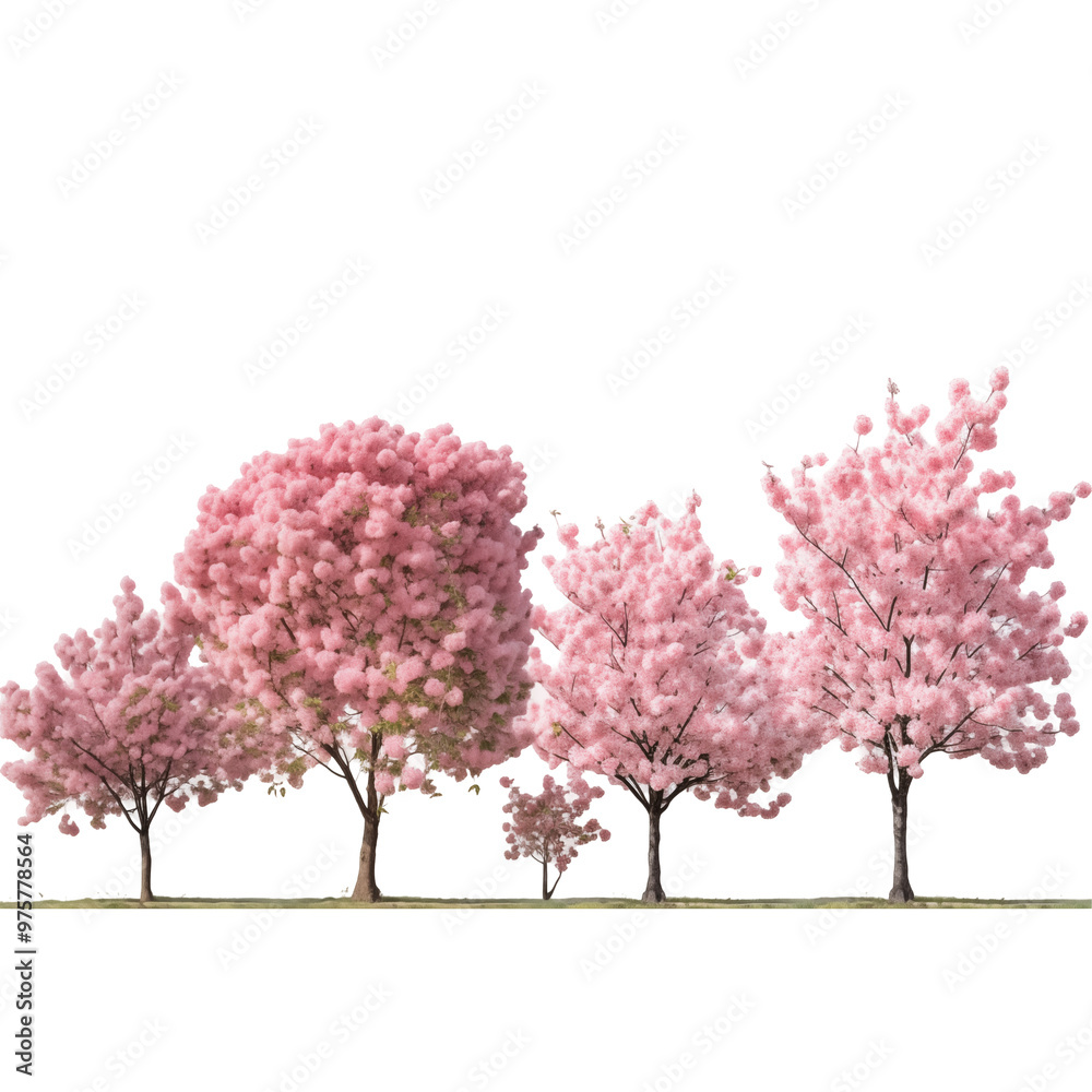 Row Of Blooming Pink Cherry Blossom Trees Isolated Against A White Background Row Of Blooming Pink Cherry Blossom Trees Isolated Against A White Background