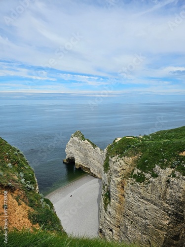 Normandy, France - May 18, 2024: Picturesque panoramic landscape on the cliffs of Etretat. Natural amazing cliffs. Etretat, Normandy, France, La Manche or English Channel. Coast of the Pays de Caux ar