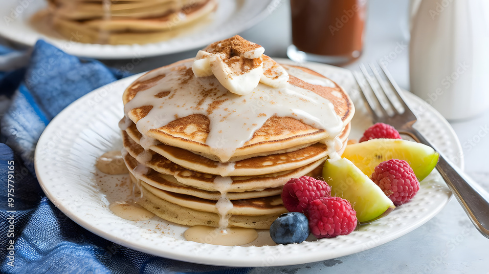 A plate of cinnamon roll pancakes with cream cheese glaze, topped with a sprinkle of cinnamon and served with a side of fresh fruit. A plate of cinnamon roll pancakes with cream cheese glaze, topped with a sprinkle of cinnamon and served with a side of fresh fruit.