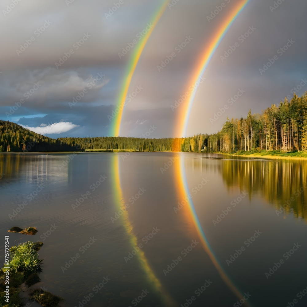 lake in the morning with a rainbow lake in the morning with a rainbow