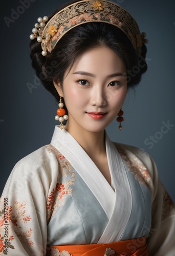 Portrait of a Korean Woman Wearing Traditional Clothing, Reflecting Her Origins, History, Culture, Traditions, and Way of Life 1