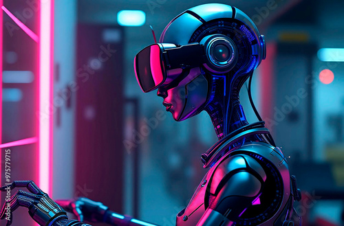 Cyberspace augmented reality. Cyberprunk character with a human skull in red blue helmet. Neon light, VR reality. Holograms, meta verse. Artificial intelligence. Generative AI.  photo