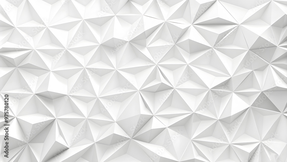 Obraz premium Mesh of three-dimensional white triangles geometrical background wallpaper banner flat lay top view from above. Minimalist hexagon pattern with soft white and light grey tones, clean and seamless