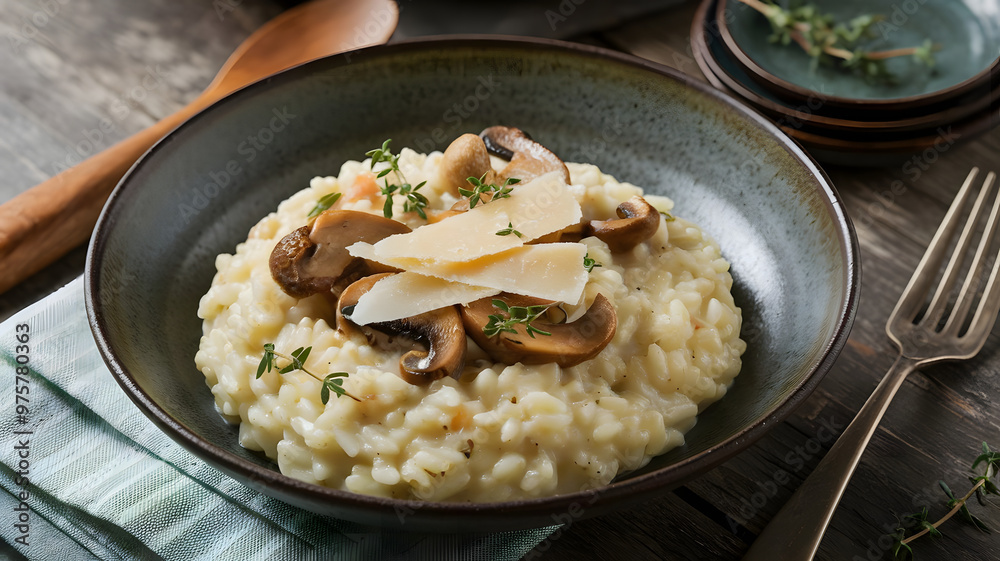 A serving of creamy risotto with roasted mushrooms, thyme, and Parmesan cheese, served in a deep bowl. A serving of creamy risotto with roasted mushrooms, thyme, and Parmesan cheese, served in a deep bowl.