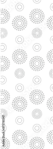 A repeating pattern of circular shapes in varying sizes and shades of gray on a white background.