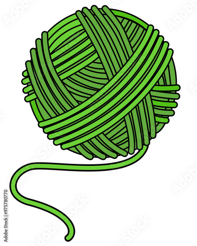 Green ball of yarn for knitting - vector full color illustration. Round ball of thread for needlework.	
