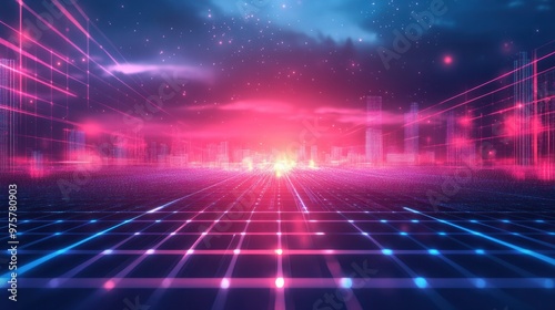 A vector design of a futuristic digital landscape with glowing lines and grid patterns