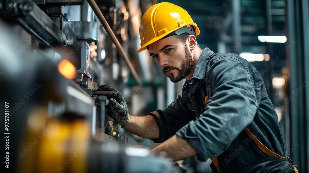 Construction worker in hard hat skillfully operating heavy machinery in industrial site setting Construction worker in hard hat skillfully operating heavy machinery in industrial site setting