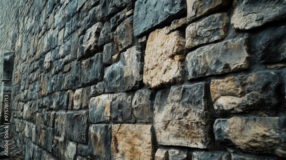 Close-up of a weathered stone wall with a contrasting pattern of gray and brown stones. Close-up of a weathered stone wall with a contrasting pattern of gray and brown stones.