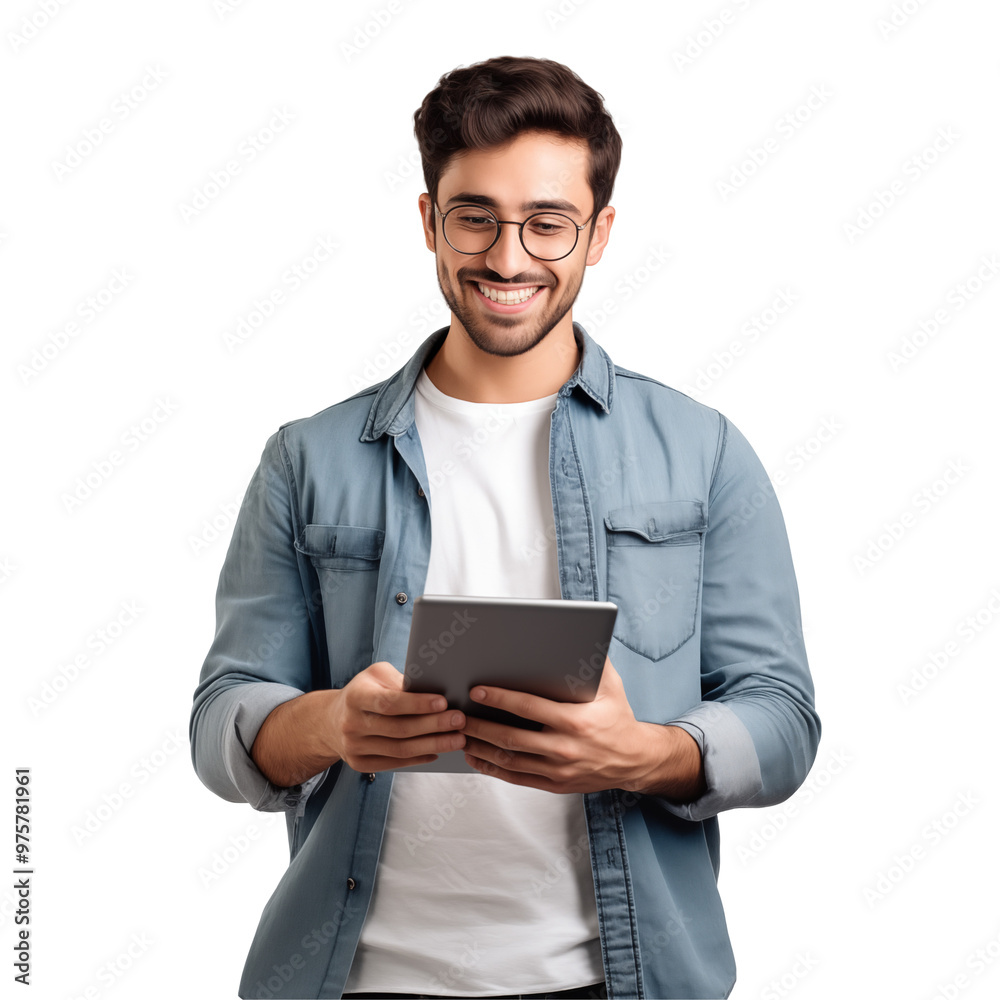 Smiling Man in Casual Outfit Holding Tablet On Transparent Background for Digital Use