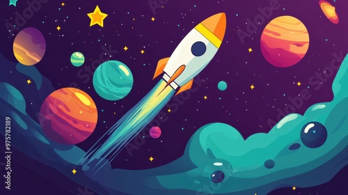 Fototapeta Naklejka Na Ścianę i Meble -  A vector illustration of a space scene with planets, stars, and a rocket, in a playful, cartoon style
