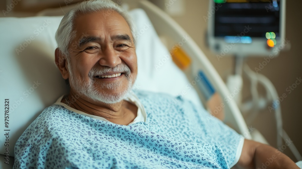 A Joyful Senior Patient Smiling Cheerfully in a Hospital Bed Surrounded by Care and Support A Joyful Senior Patient Smiling Cheerfully in a Hospital Bed Surrounded by Care and Support