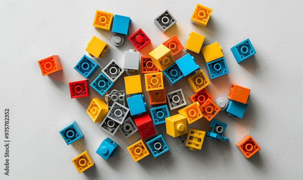 top view of colorful plastic building blocks on white background with copy space top view of colorful plastic building blocks on white background with copy space