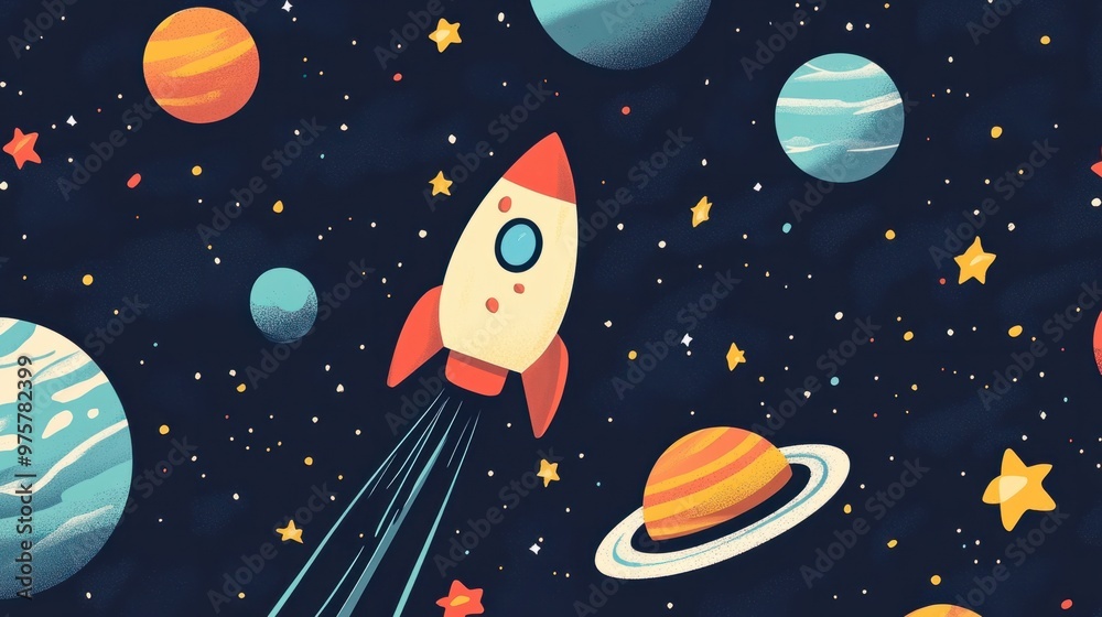 A vector illustration of a space scene with planets, stars, and a rocket, in a playful, cartoon style A vector illustration of a space scene with planets, stars, and a rocket, in a playful, cartoon style