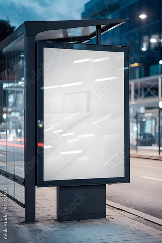 A mockup of a blank white vertical digital billboard poster at a city street bus stop sign at night. The billboard is illuminated.