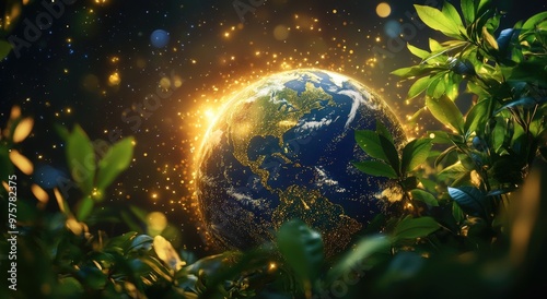 A glowing Earth surrounded by lush greenery, symbolizing hope and sustainability. photo