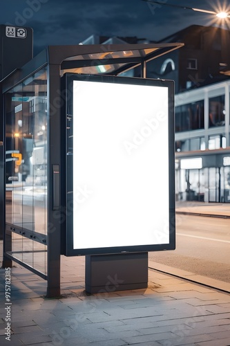 A mockup of a blank white vertical digital billboard poster at a city street bus stop sign at night. The billboard is illuminated.