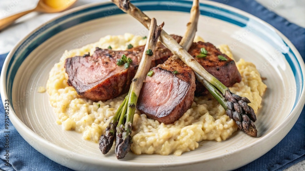 A plate of lamb chops and risotto with asparagus. The asparagus is tender and slightly charred
A plate of lamb chops and risotto with asparagus. The asparagus is tender and slightly charred