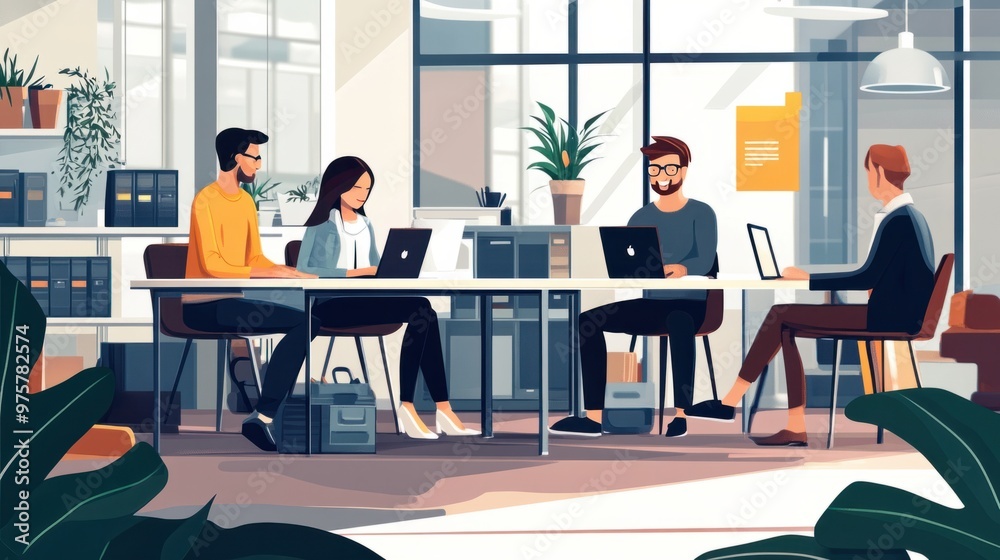 A vector illustration of a tech startup team working together, with a modern office background A vector illustration of a tech startup team working together, with a modern office background