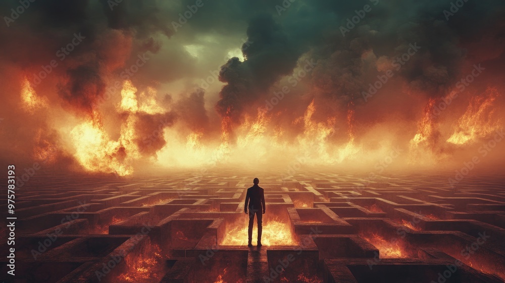 Fototapeta premium A lone man stands in a fiery maze, looking ahead with determination. The flames engulf the world, suggesting a perilous journey.