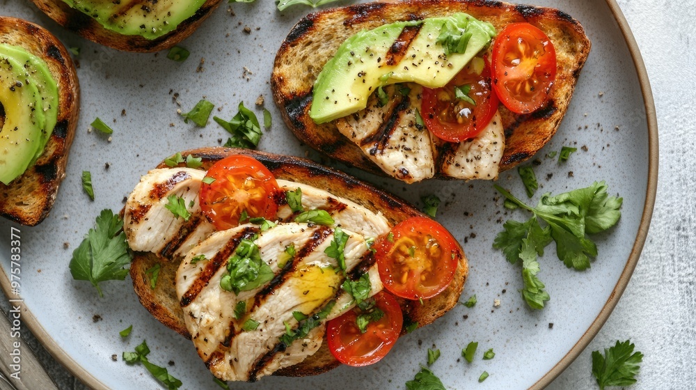 Healthy open-faced rye toast with grilled chicken and avocado, perfect for promoting clean eating and wholesome snack ideas Healthy open-faced rye toast with grilled chicken and avocado, perfect for promoting clean eating and wholesome snack ideas