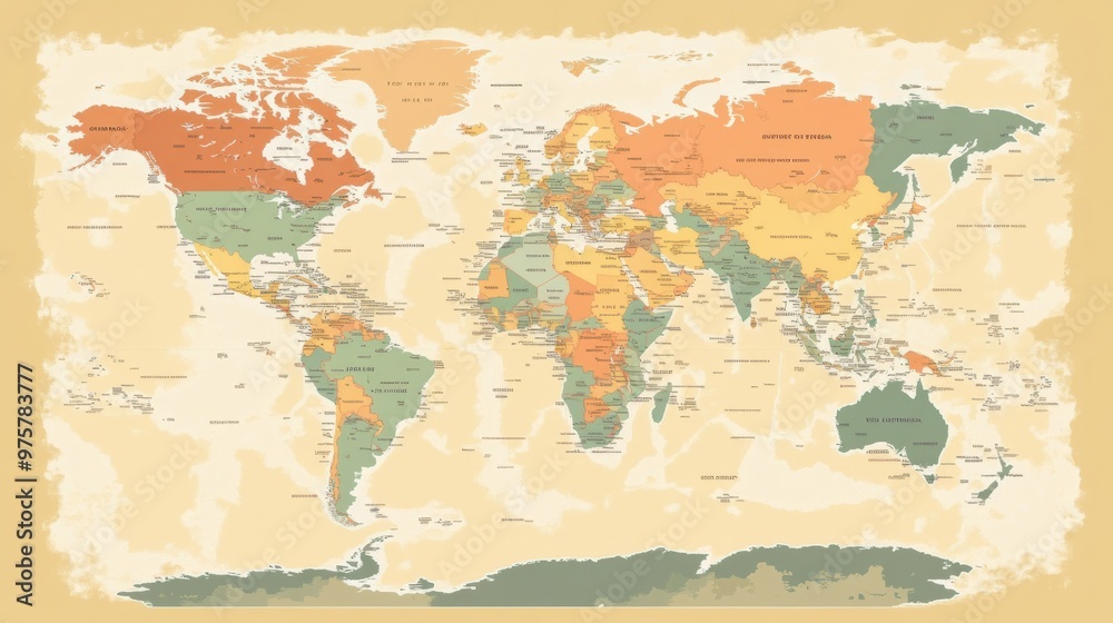 Obraz premium A vector map of the world with detailed country borders and labels, ideal for travel or educational purposes