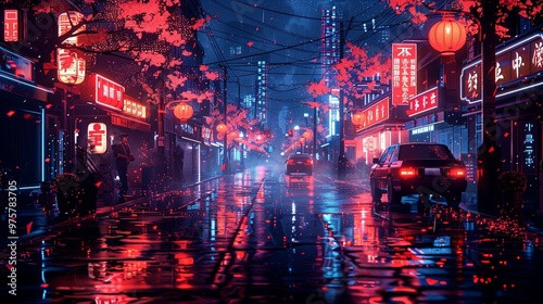 Bright neon night in a cyberpunk city. Photorealistic 3d illustration of the futuristic city. Empty street with blue neon lights