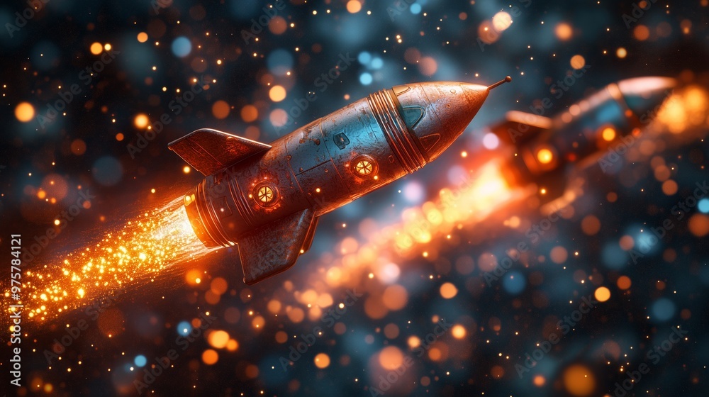 Fototapeta premium Two futuristic rockets soaring through a starry background, leaving trails of light.