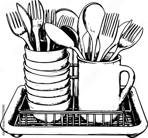 Illustration of Utensils and Dishes in a Drainer