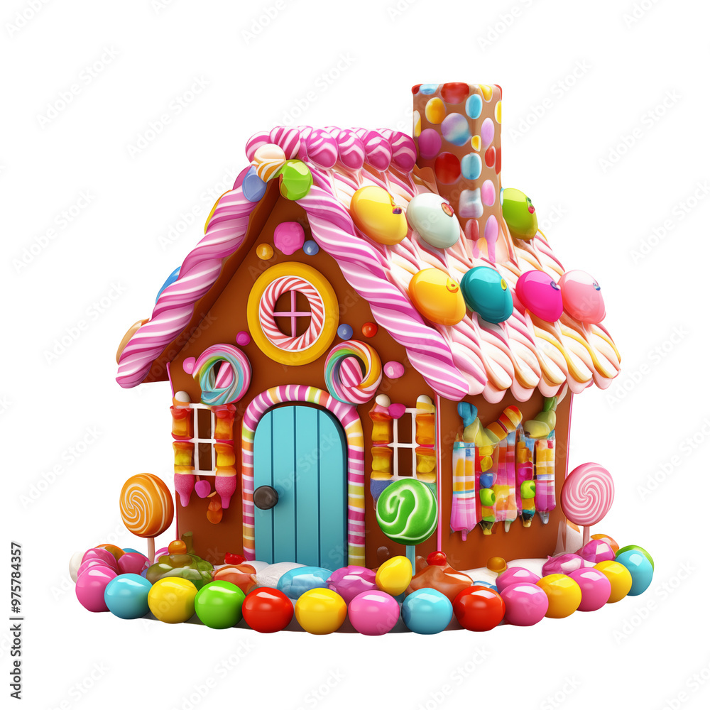 Naklejka premium Colorful Gingerbread House Decorated With Candies And Lollipops Isolated On White