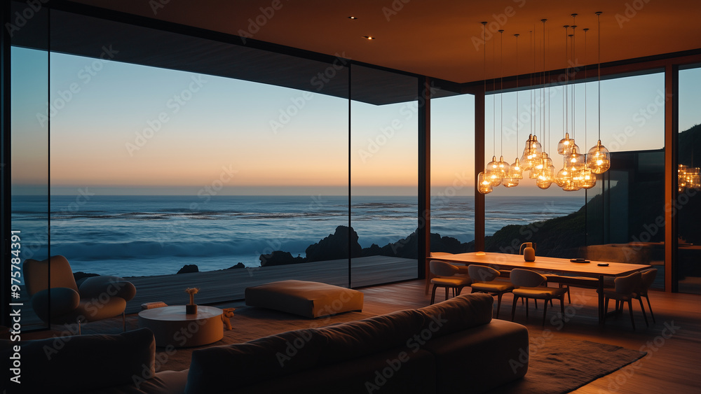 Fototapeta premium Oceanfront Serenity: Minimalist House with Warm Lighting at Dusk