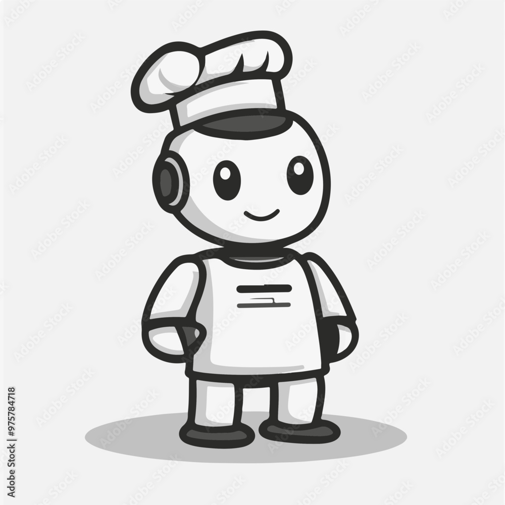 Cute Robot Chef Character in Simple Line Art Style Cute Robot Chef Character in Simple Line Art Style