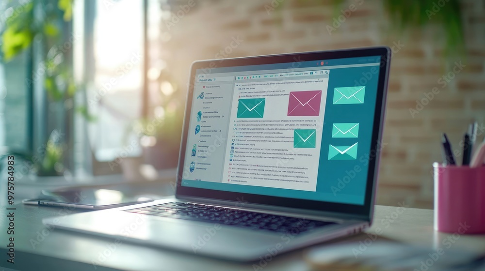 A streamlined email list interface displayed on a laptop screen, with clear geometric envelope icons and a sleek design. A streamlined email list interface displayed on a laptop screen, with clear geometric envelope icons and a sleek design.