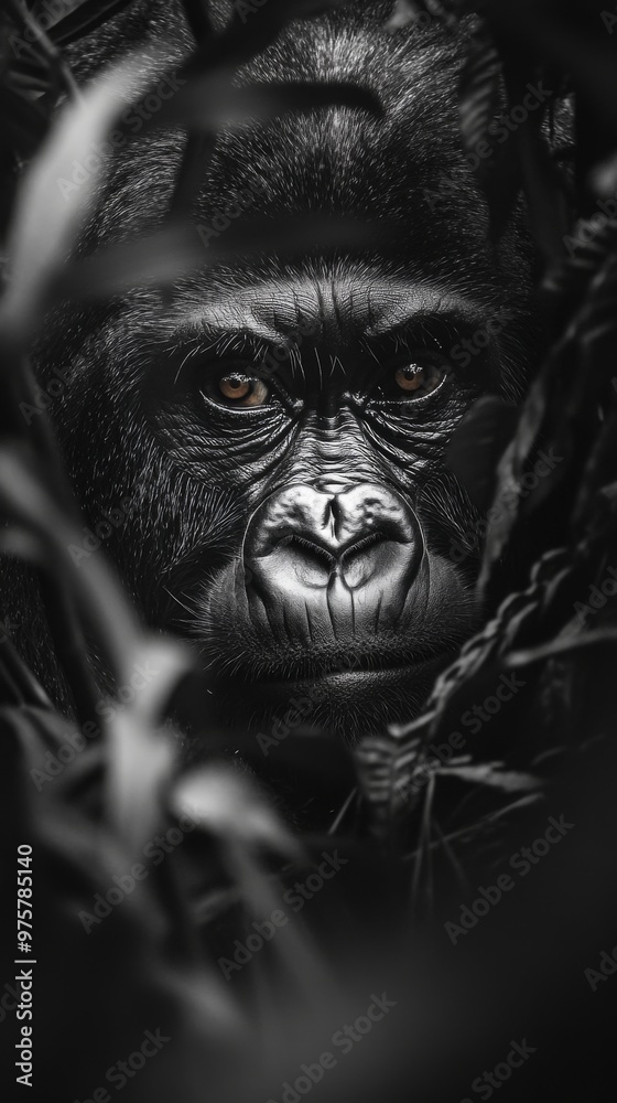 Gorilla face in the shadowy jungle with intense gaze, wildlife portrait. Nature and conservation concept Gorilla face in the shadowy jungle with intense gaze, wildlife portrait. Nature and conservation concept