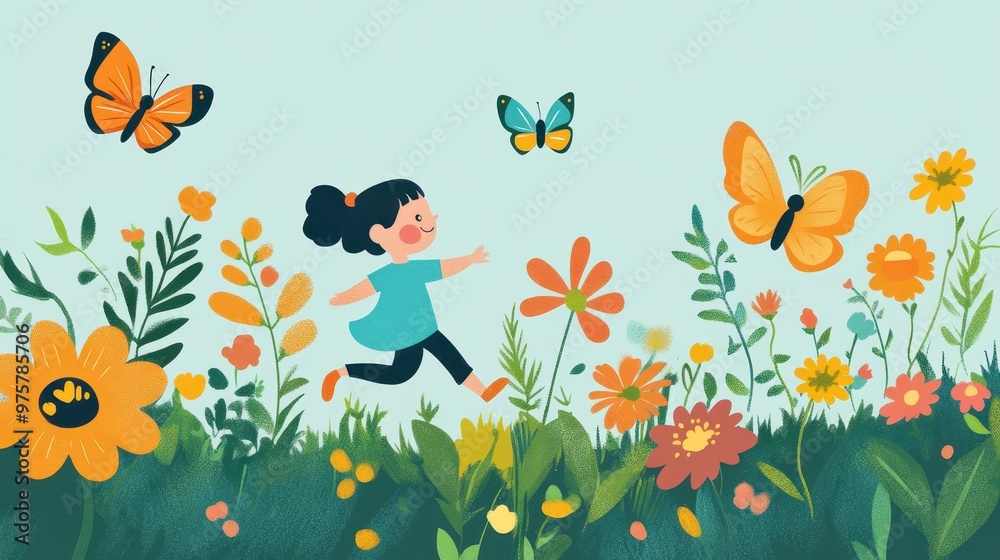 A Girl Running Through A Field of Flowers